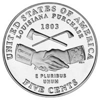 THe new reverse on the 2004-dated Jefferson nickel will feature a rendition of the reverse of the original Indian Peace Medal commissioned for Lewis and Clark's expedition, and symbols of peace and friendship on the other.